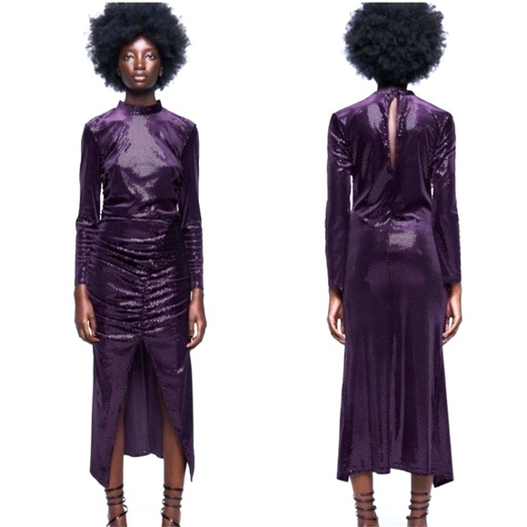 π ZARA FESTIVE DAYS PURPLE SEQUIN MOCK NECK MAXI DRESS! - Picture 3 of 16